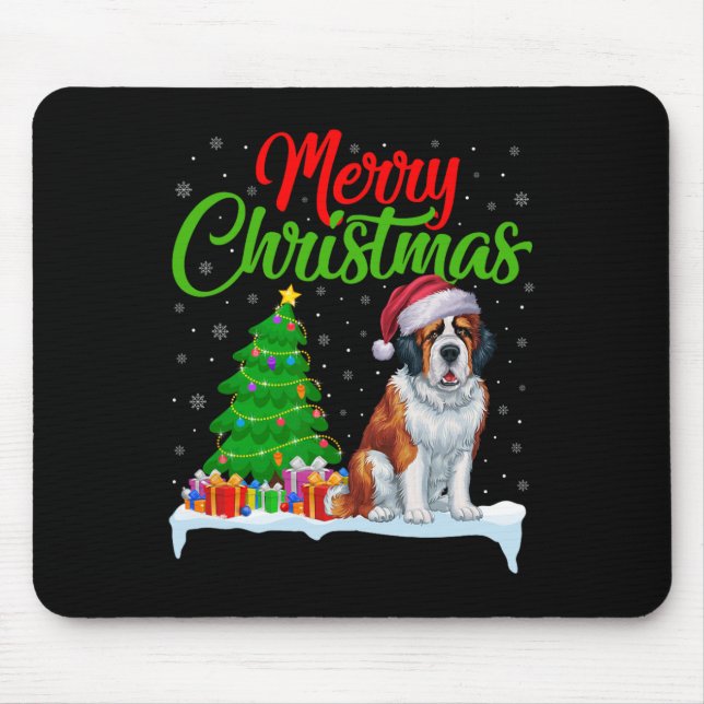 Saint Bernard Dog Christmas Tree Lights Funny Xmas Mouse Pad (Front)