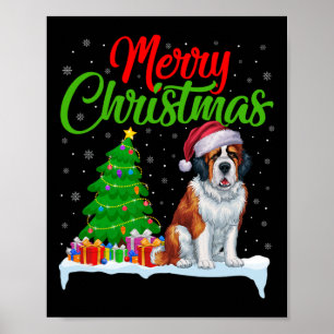 Saint Bernard Dog Christmas Tree Lights Funny Xmas Poster