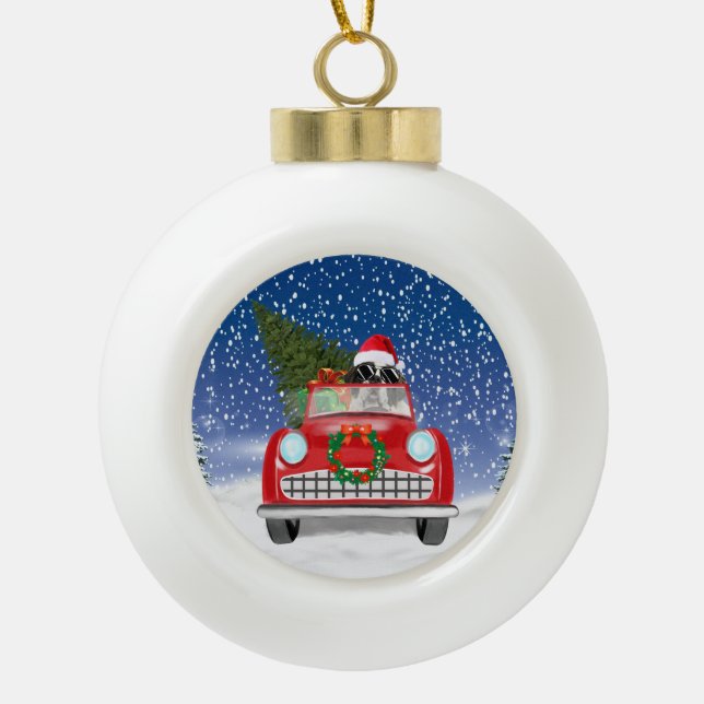 Saint Bernard Dog Driving Car In Snow Christmas  Ceramic Ball Christmas Ornament (Front)