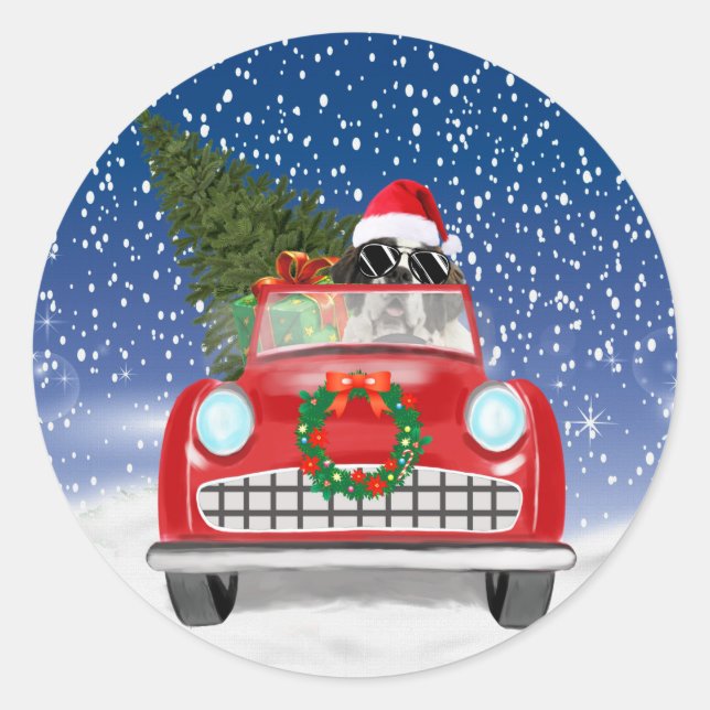 Saint Bernard Dog Driving Car In Snow Christmas  Classic Round Sticker (Front)