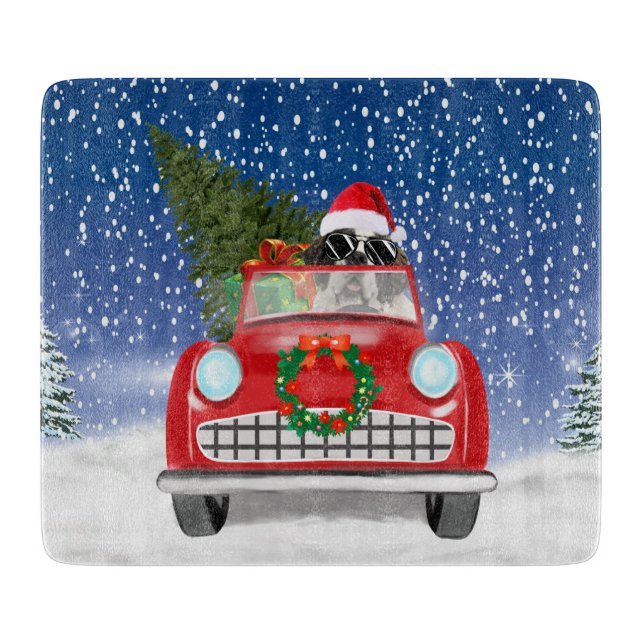 Saint Bernard Dog Driving Car In Snow Christmas  Cutting Board (Front)