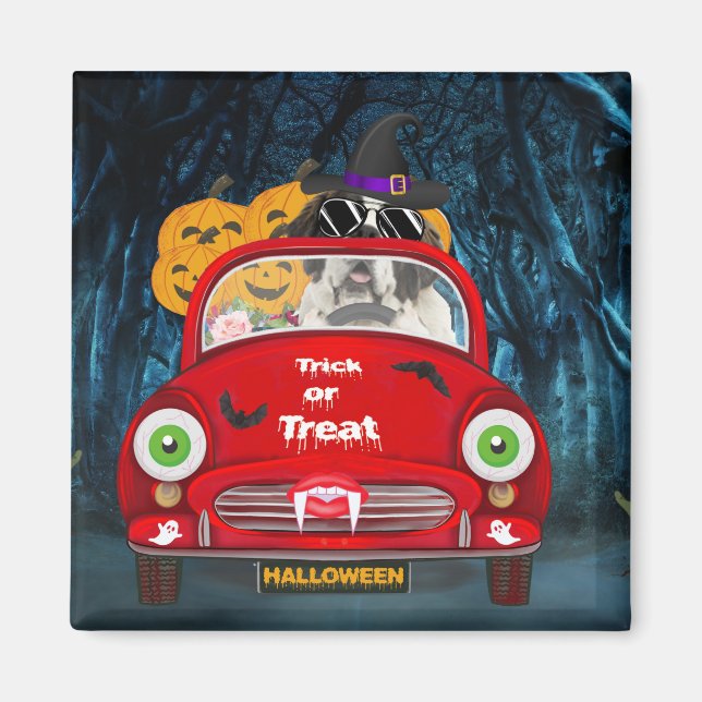 Saint Bernard Dog Driving Car Scary Halloween Magnet (Front)