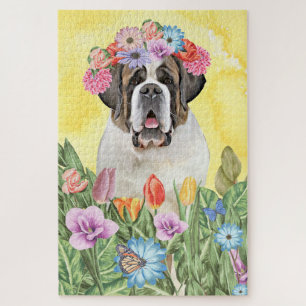 Saint Bernard Dog Flowers Jigsaw Puzzle