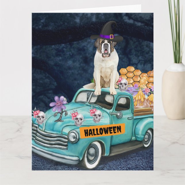 Saint Bernard Dog Halloween Truck Scary Night  Card (Front)