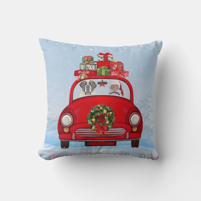 Saint Bernard Dog In Car With Santa Claus Cushion (Front)