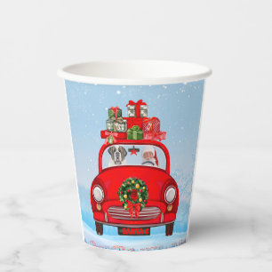 Saint Bernard Dog In Car With Santa Claus  Paper Cups