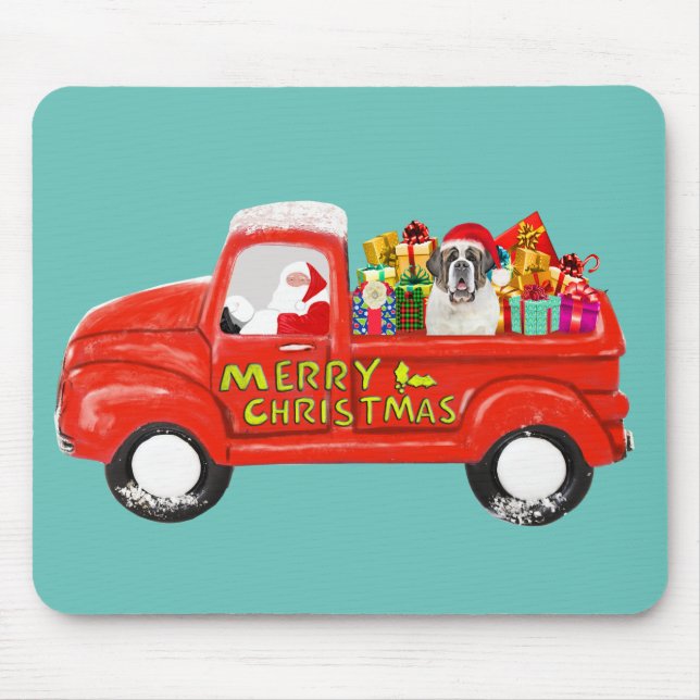 Saint Bernard Dog in Christmas Delivery Truck Mouse Pad (Front)