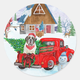 Saint Bernard Dog In Christmas Delivery Truck Snow Classic Round Sticker