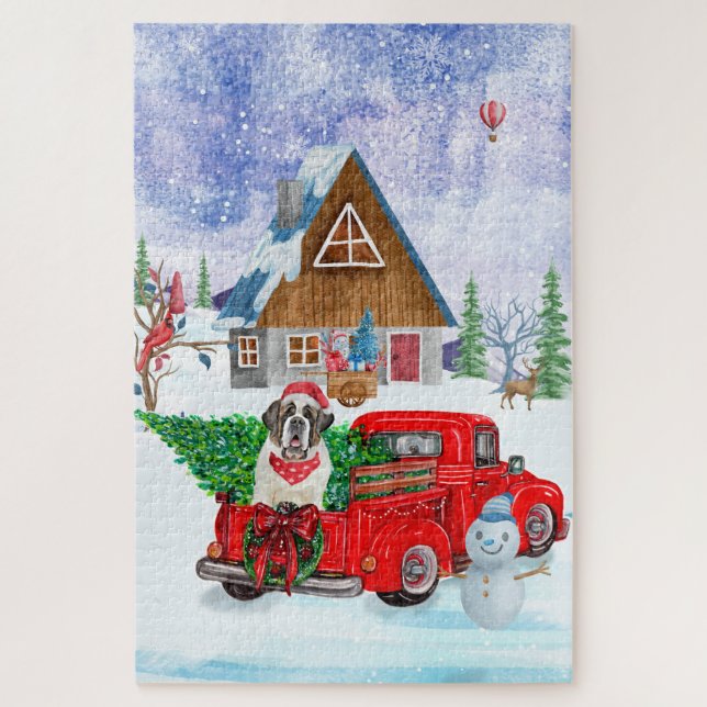 Saint Bernard Dog In Christmas Delivery Truck Snow Jigsaw Puzzle (Vertical)