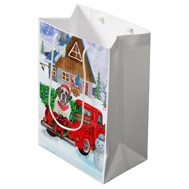 Saint Bernard Dog In Christmas Delivery Truck Snow Medium Gift Bag (Front Angled)