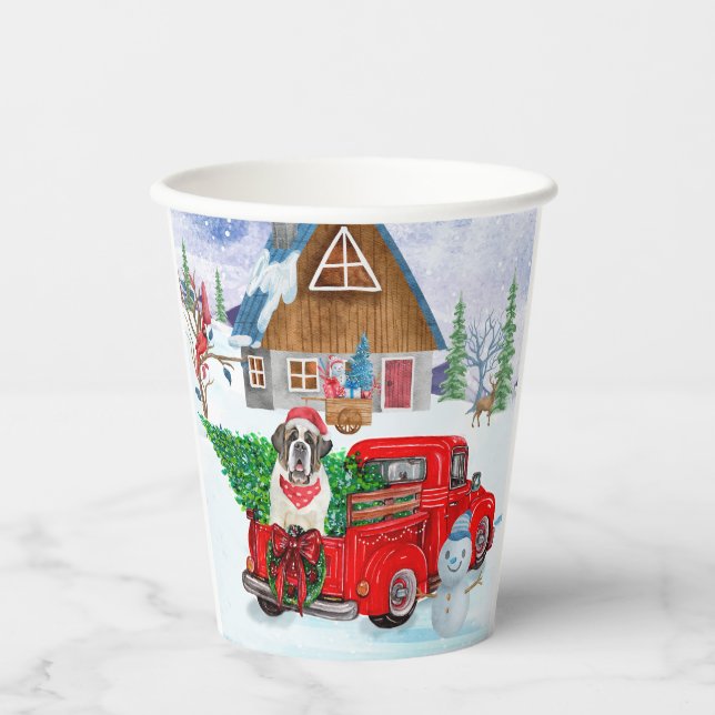 Saint Bernard Dog In Christmas Delivery Truck Snow Paper Cups (Front)