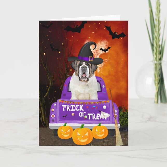 Saint Bernard Dog in Halloween Truck Card (Front)