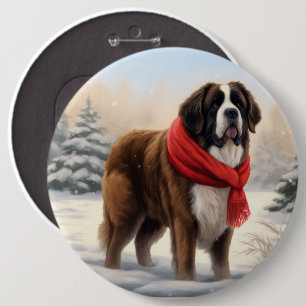 Saint Bernard Dog in Snow Christmas 6 Cm Round Badge