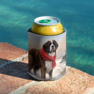 Saint Bernard Dog in Snow Christmas  Can Cooler