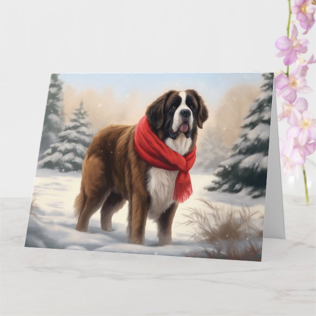 Saint Bernard Dog in Snow Christmas  Card (Orchid)