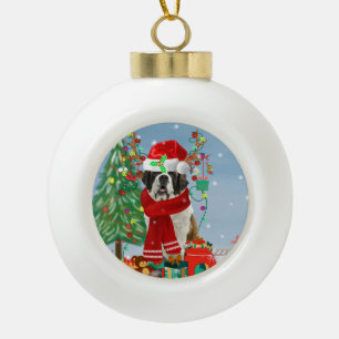 Saint Bernard  Dog in Snow Christmas  Ceramic Ball Christmas Ornament
