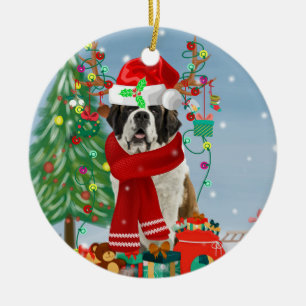 Saint Bernard  Dog in Snow Christmas  Ceramic Ornament