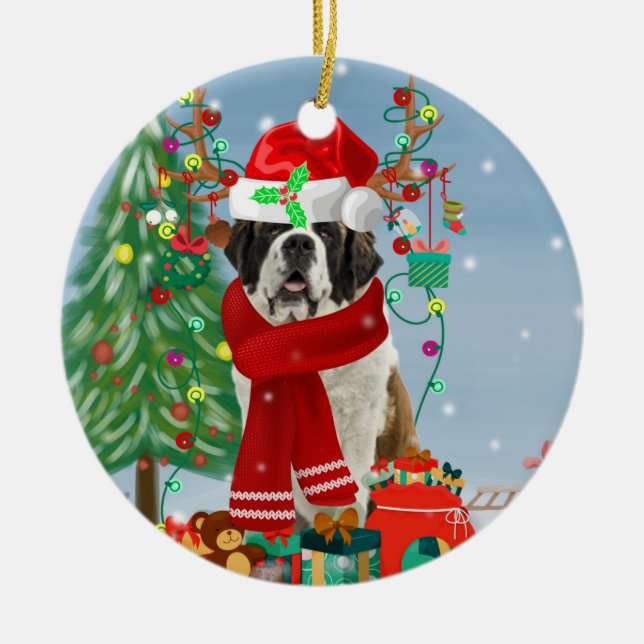 Saint Bernard  Dog in Snow Christmas  Ceramic Ornament (Front)