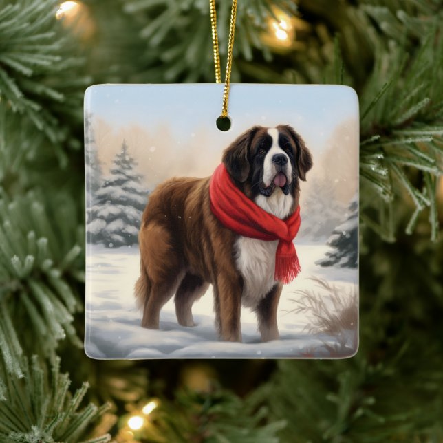 Saint Bernard Dog in Snow Christmas  Ceramic Ornament (Tree)