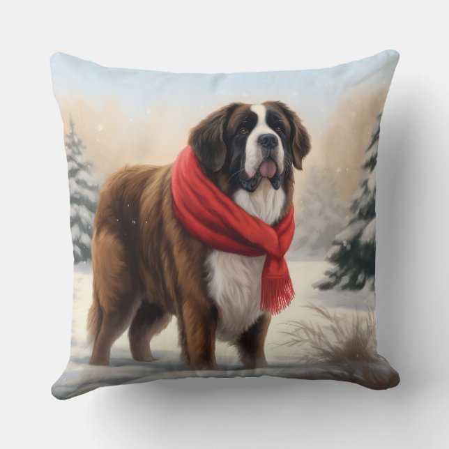 Saint Bernard Dog in Snow Christmas  Cushion (Back)