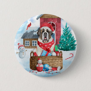 Saint Bernard Dog In snow Christmas Dog House 6 Cm Round Badge