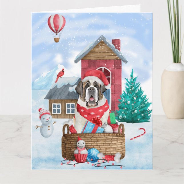 Saint Bernard Dog In snow Christmas Dog House  Card (Front)