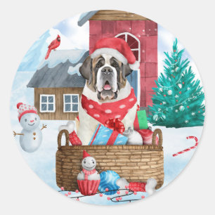 Saint Bernard Dog In snow Christmas Dog House Classic Round Sticker