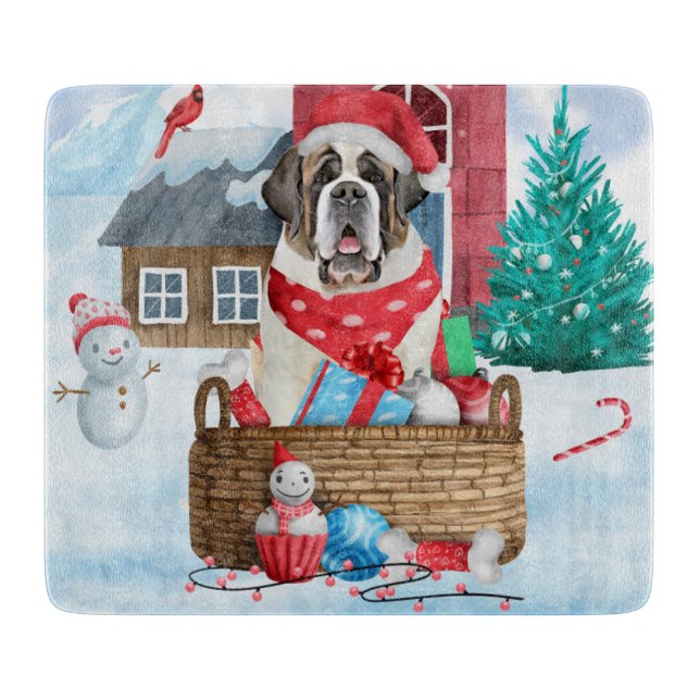 Saint Bernard Dog In snow Christmas Dog House  Cutting Board (Front)