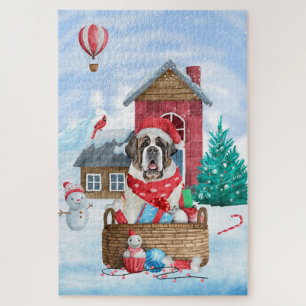 Saint Bernard Dog In snow Christmas Dog House Jigsaw Puzzle