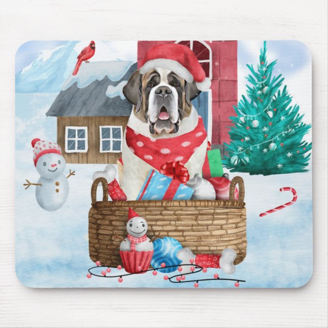 Saint Bernard Dog In snow Christmas Dog House Mouse Pad (Front)