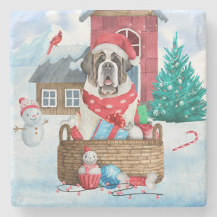 Saint Bernard Dog In snow Christmas Dog House Stone Coaster