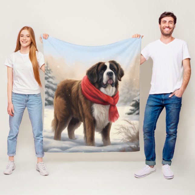 Saint Bernard Dog in Snow Christmas  Fleece Blanket (In Situ)