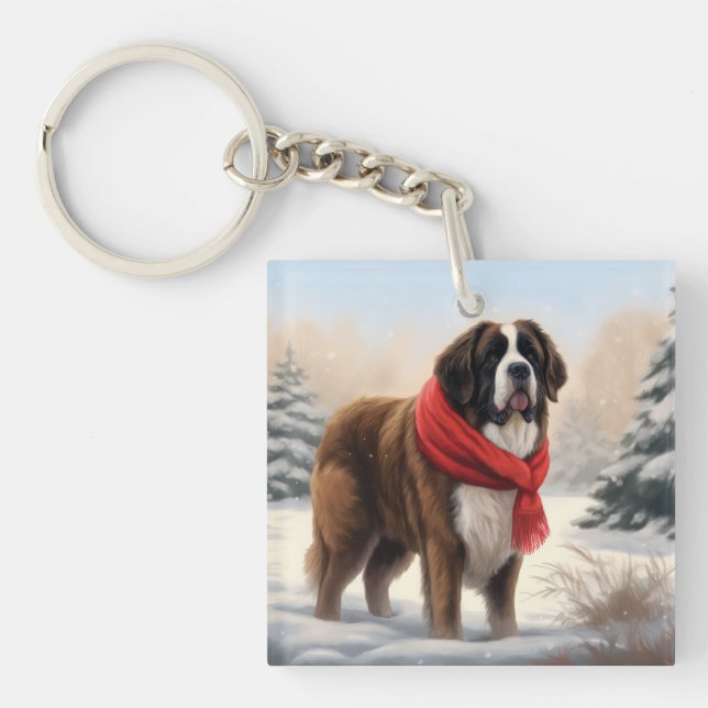 Saint Bernard Dog in Snow Christmas  Key Ring (Front)