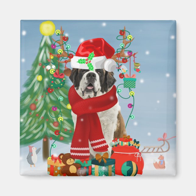 Saint Bernard  Dog in Snow Christmas  Magnet (Front)