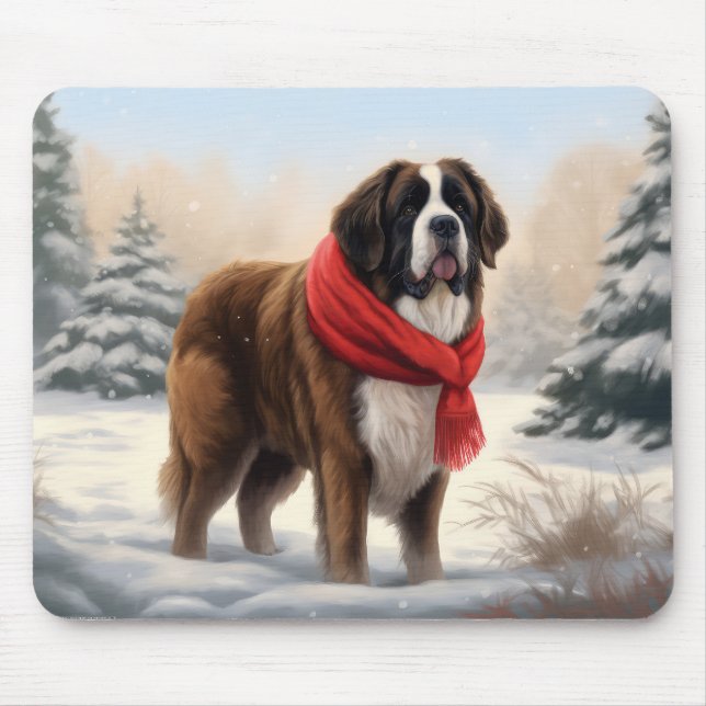 Saint Bernard Dog in Snow Christmas  Mouse Pad (Front)