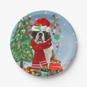 Saint Bernard  Dog in Snow Christmas  Paper Plate