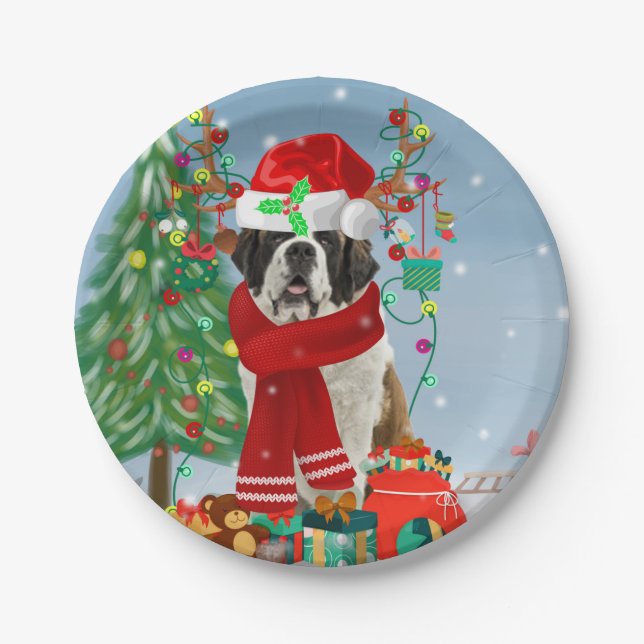 Saint Bernard  Dog in Snow Christmas  Paper Plate (Front)