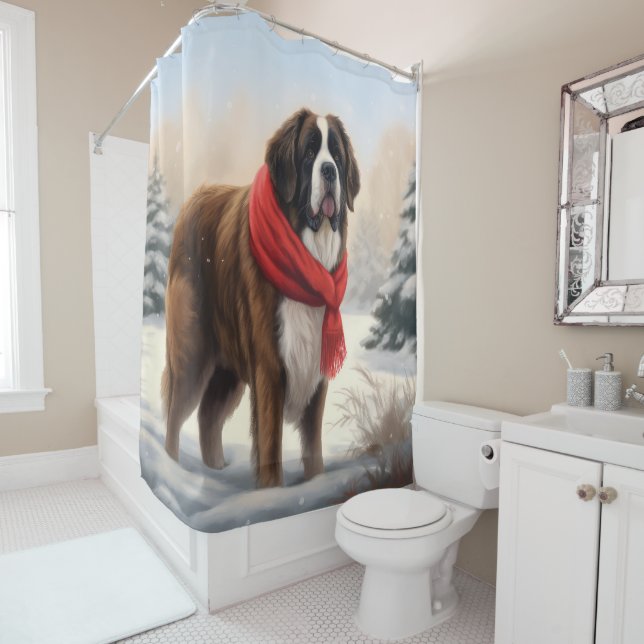 Saint Bernard Dog in Snow Christmas  Shower Curtain (In Situ)