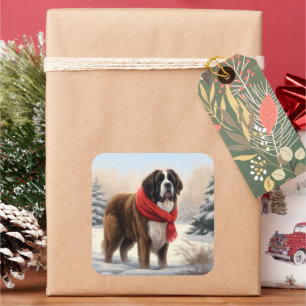 Saint Bernard Dog in Snow Christmas  Square Sticker