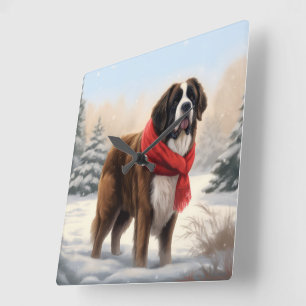 Saint Bernard Dog in Snow Christmas Square Wall Clock