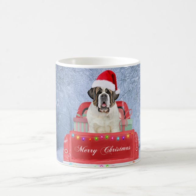 Saint Bernard Dog in Snow sitting Christmas Truck  Coffee Mug (Center)