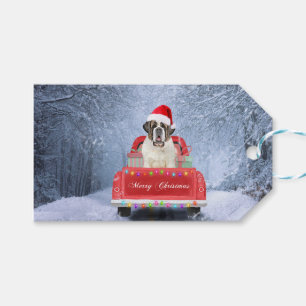 Saint Bernard Dog in Snow sitting Christmas Truck  Gift Tags