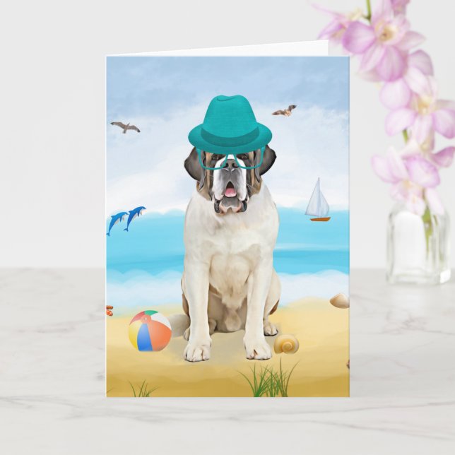 Saint Bernard Dog on Beach  Card (Orchid)