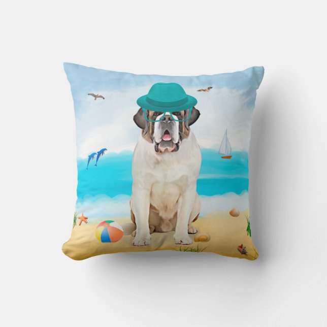 Saint Bernard Dog on Beach  Cushion (Front)
