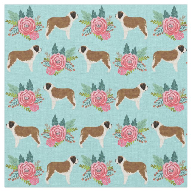 Saint Bernard dog pink florals Fabric (Close Up)