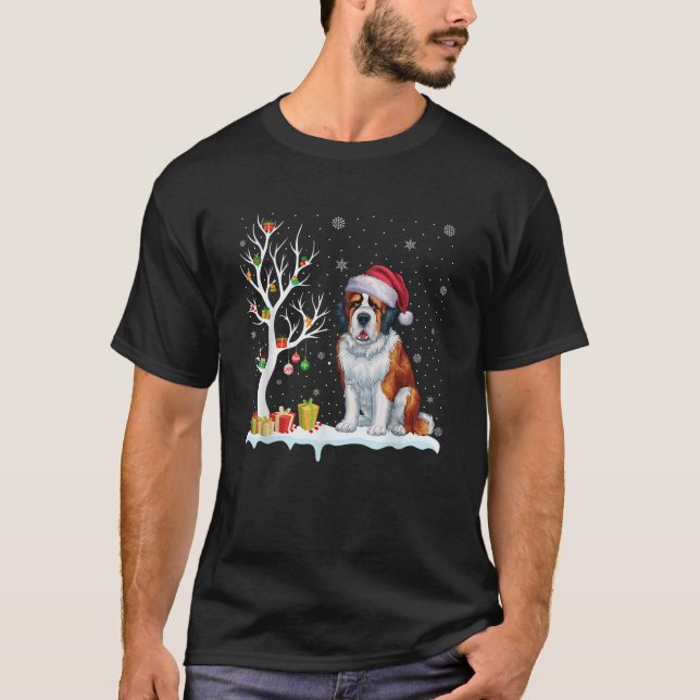 Saint Bernard Dog Santa Hat Festive Tree Light Xma T-Shirt (Front)