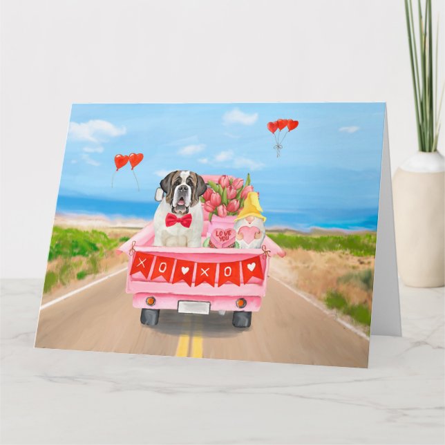 Saint Bernard Dog Valentine's Day Truck Hearts Card (Front)