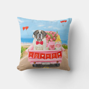 Saint Bernard Dog Valentine's Day Truck Hearts Cushion