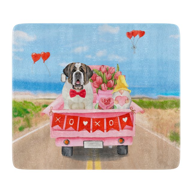 Saint Bernard Dog Valentine's Day Truck Hearts Cutting Board (Front)