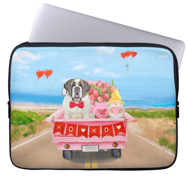 Saint Bernard Dog Valentine's Day Truck Hearts Laptop Sleeve (Front)